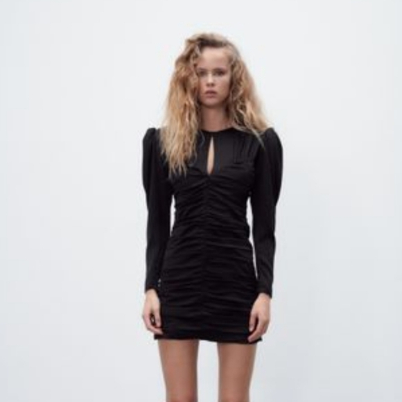 ZARA BLACK VOLUMINIOUS SLEEVE DRAPED DRESS - Picture 2 of 4